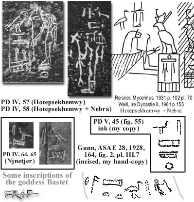 Some inscriptions of the Goddess Bastet,  IInd Dynasty  (perhaps the bottom right one  is early  IIIrd Dynasty)