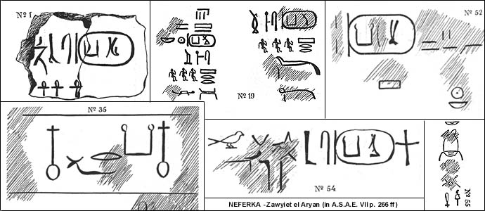 Neferka (?) graffiti at Zawiyet el Aryan; other (royal ?) names  readable: Neferkaseker (n.35) and Neb Hedjet Nwb (ty) 