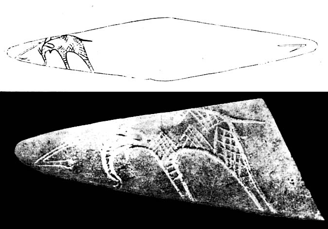 NOTE: the harpoon shown on the right in the drawing, is actually carved on the opposite side of the palette (and on the opposite end of the Elephant + Z-shaped sign)