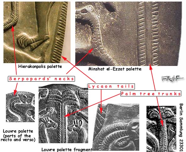 Rendering of Serpopards' necks, Lycaons' tails and Palm-tree trunks on decorated palettes