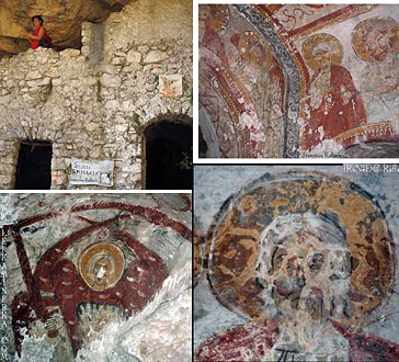 Veduta dell'accesso alla Grotta di San Michele e di alcuni dei dipinti del XIII° secolo (in basso a sin. San Michele con la Spada)