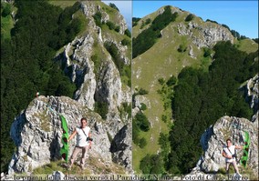 Francesco (io) prima della discesa in Paradiso. Quì sono oltre il terzo tratto di ferrata, al cospetto della guglia del Ninno, che è alle mie spalle (foto di C. Fierro)